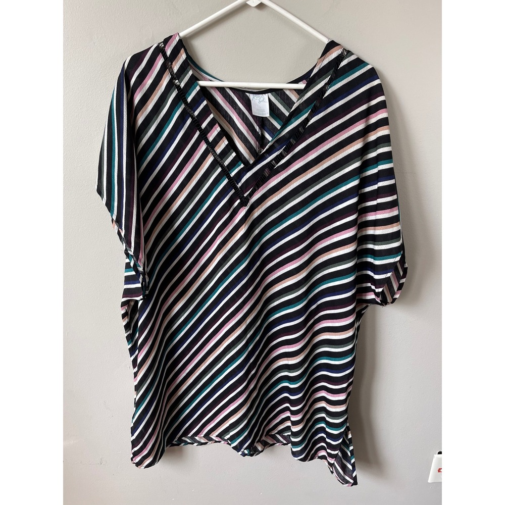 Kona Sol Women L Multi-Color Diagonal Stripe V-Neck Swim Cover Up Top Crochet